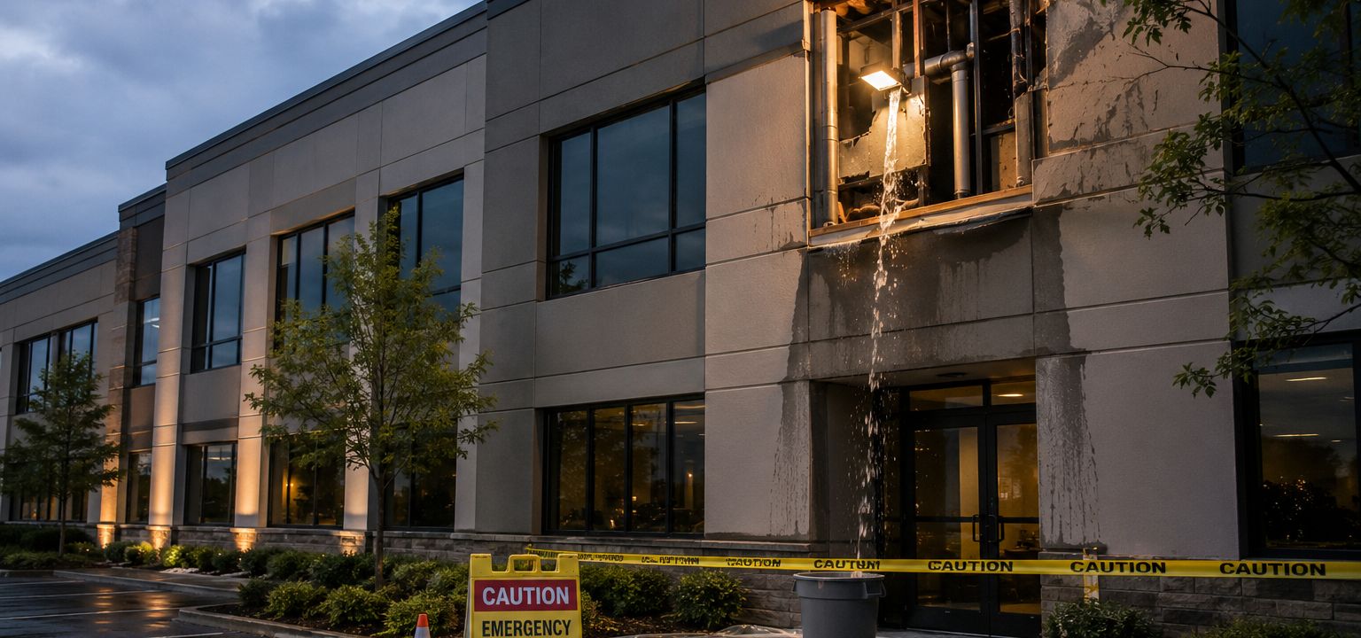 Commercial building cordoned off with caution tape and cones at dusk during emergency repairs, water pouring from a damaged facade