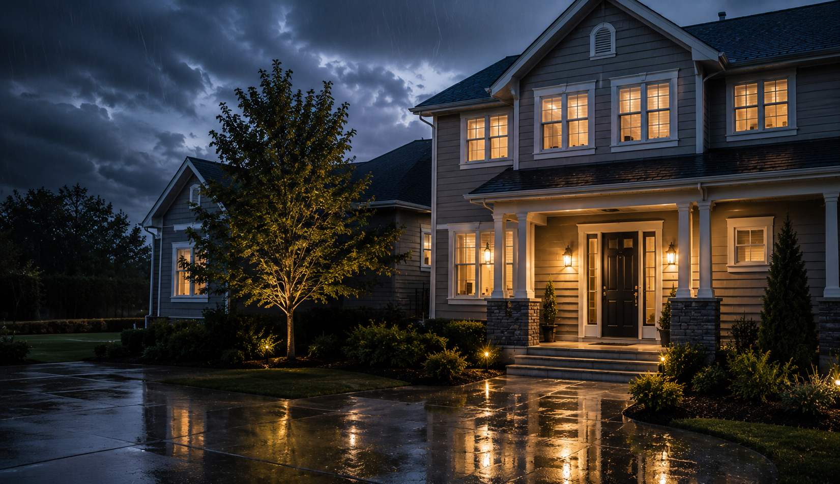 Suburban home lit up at night during a rainstorm — The Handy Bros & Co answer 24/7 emergency home repair calls across Manhattan, Queens and Nassau County