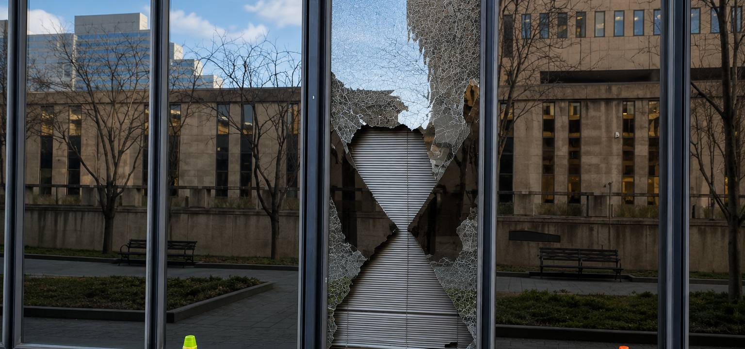 Shattered plate glass window cordoned off with safety cones, awaiting emergency board-up and glass replacement