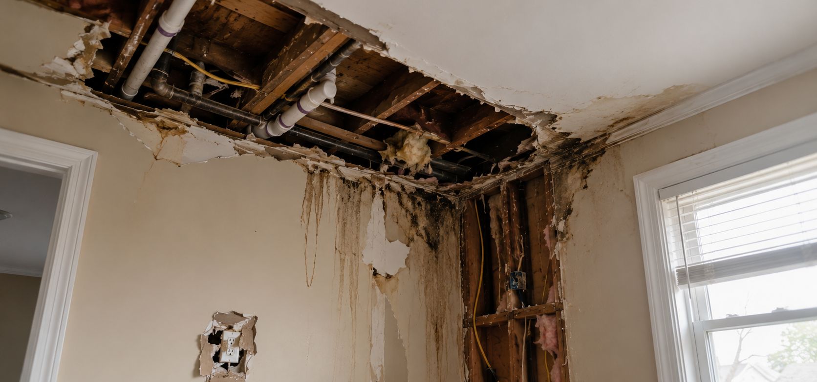 Collapsed water-damaged ceiling with exposed pipes and mould growth — emergency ceiling and safety hazard repair