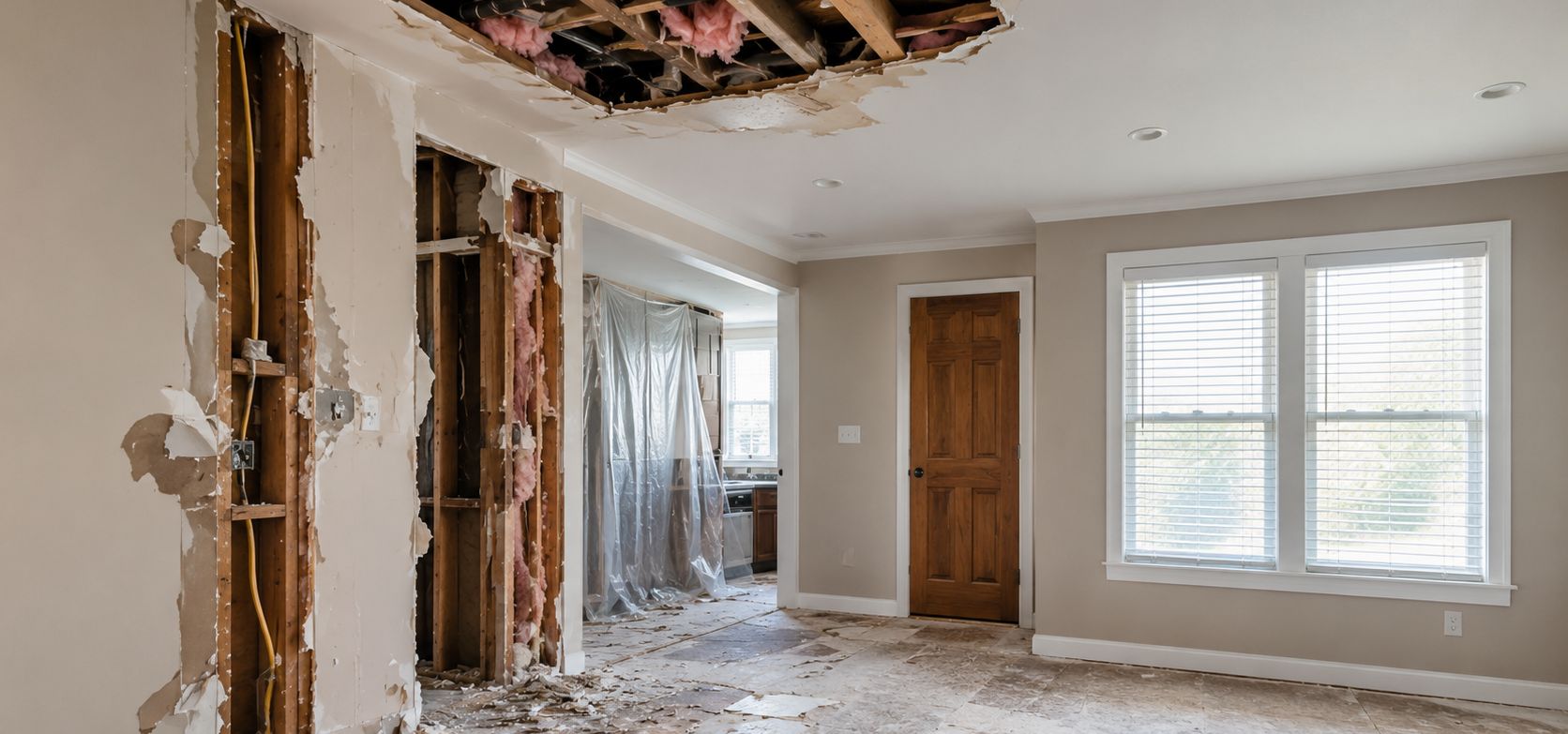 Room stripped back to the studs with an opened ceiling after water damage — emergency drywall removal and interior repair