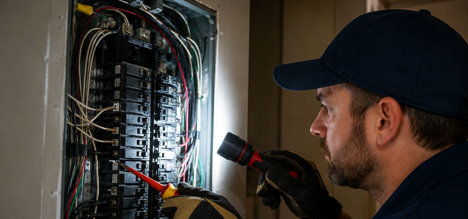 Electrician inspecting a circuit breaker panel by flashlight during an emergency electrical repair