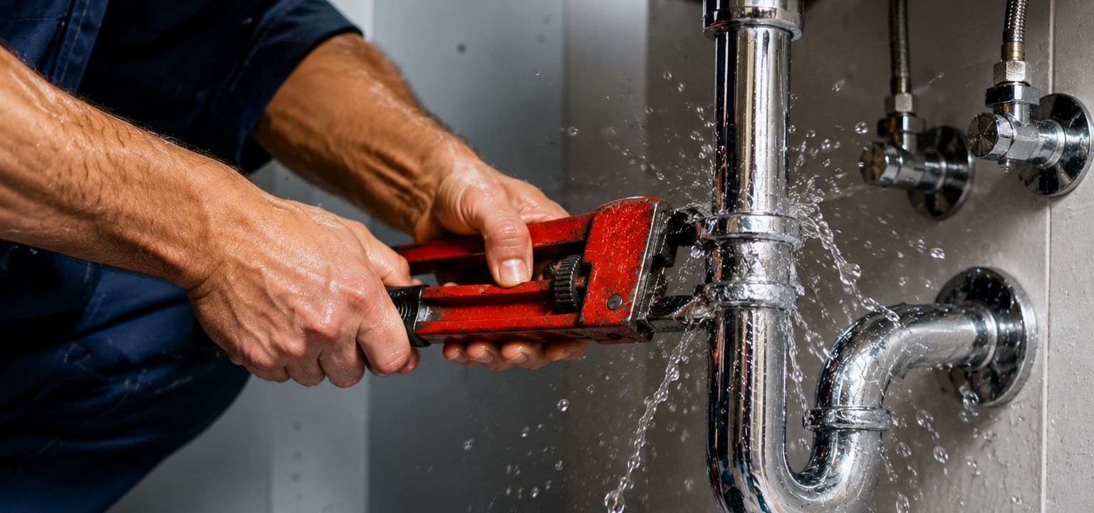 Plumber tightening a leaking sink drain pipe with a pipe wrench during an emergency plumbing repair