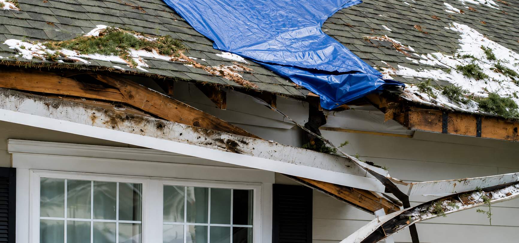 Blue emergency tarp on a storm-damaged roof with torn-away gutter and fascia after high winds