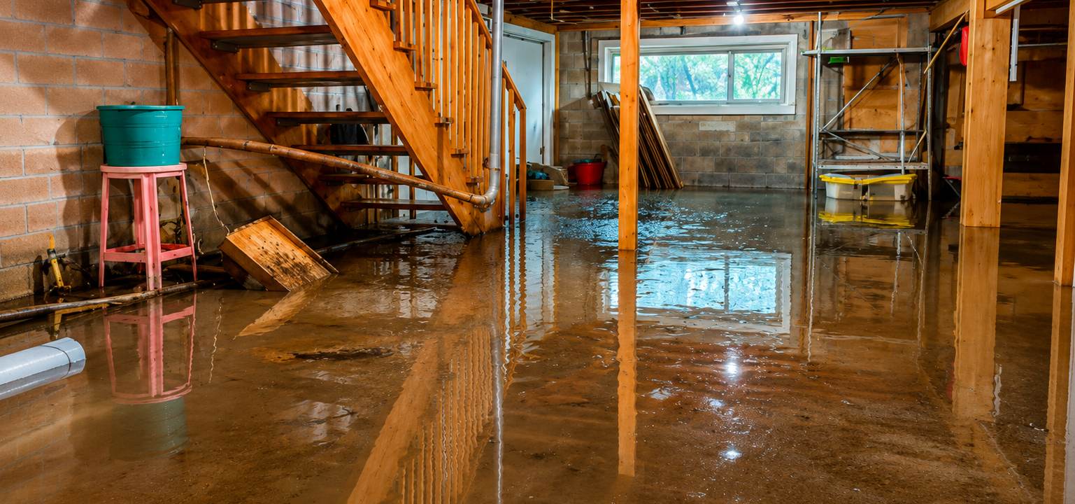 Flooded basement with standing water covering the floor after a burst pipe — emergency water damage and leak repair